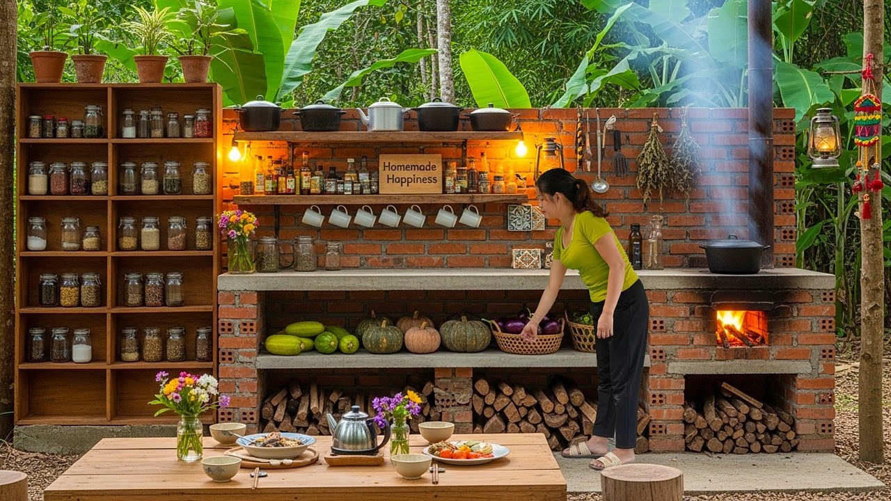 Unique forest kitchen design: built-in kitchen shelves and dining table