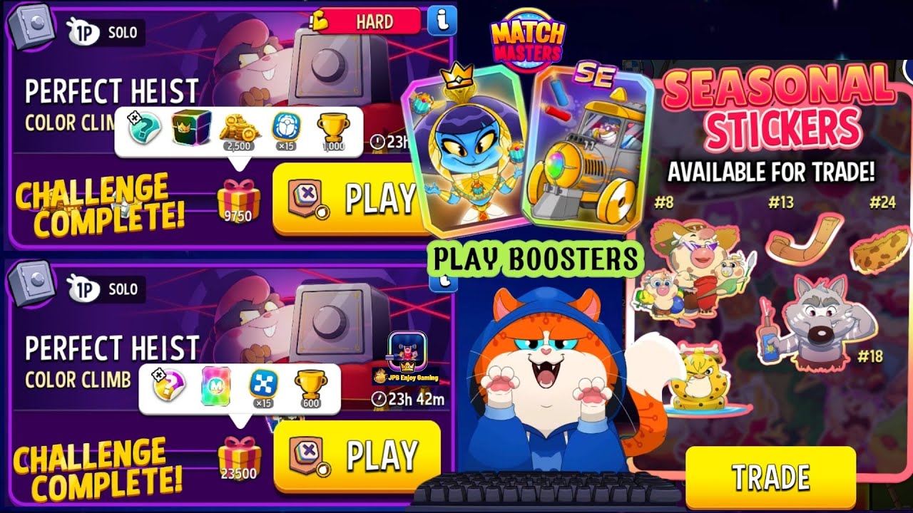 Perfect Heist Color Climb+Bombs Away 9750  And 23500 Score/ Match Masters / Trade Season Stickers