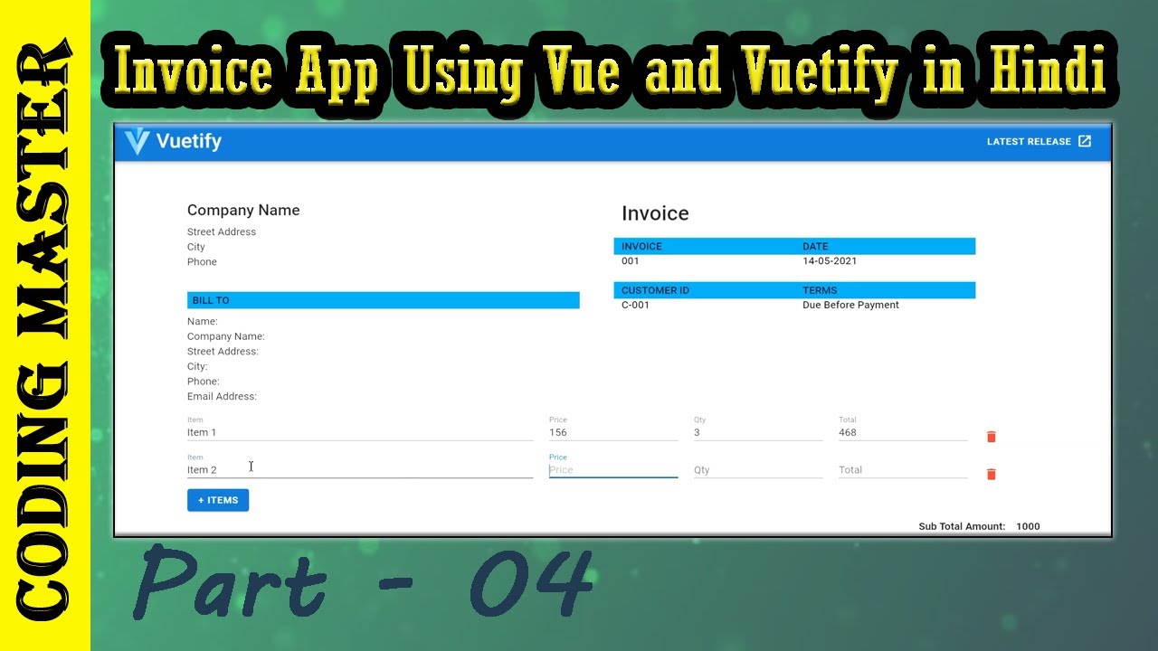 Invoice App Using Vue and Vuetify in Hindi - Part 04 | Dynamic Row Adding and Deleting with Vuetify