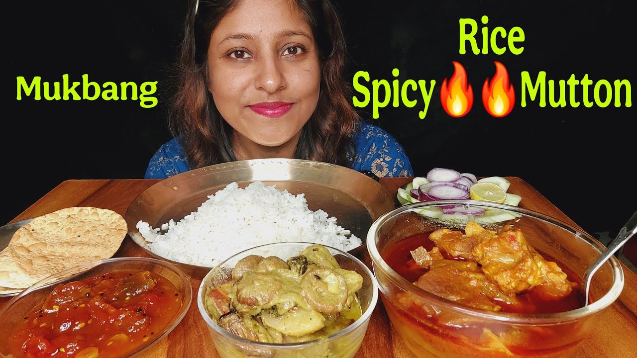 Eating Show - Rice, Spicy 🔥🔥 Mutton Er Lal Jhol, shukto, salad, papad, chatni | Mukbang | ASMR