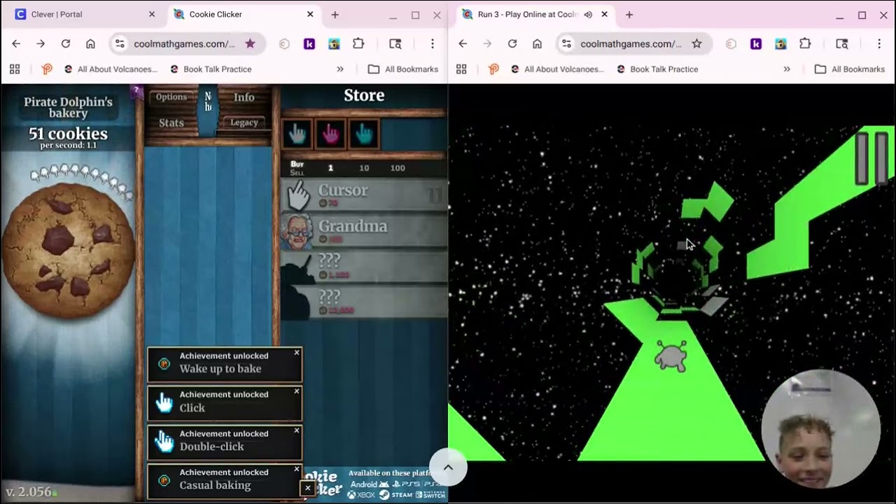 playing cookie clicker, and run 3 at the same time at school