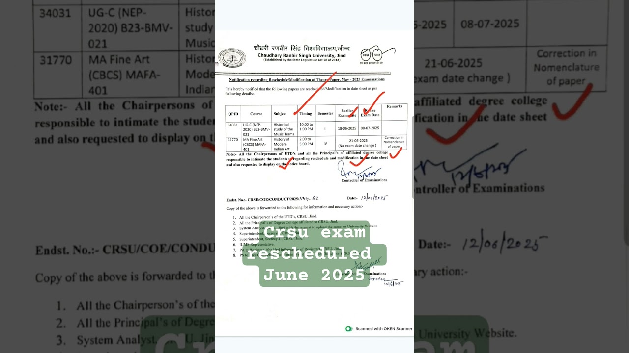 Crsu exam rescheduled June 2025 notification of 12 June #exam #crsu #job #teachertraining #original
