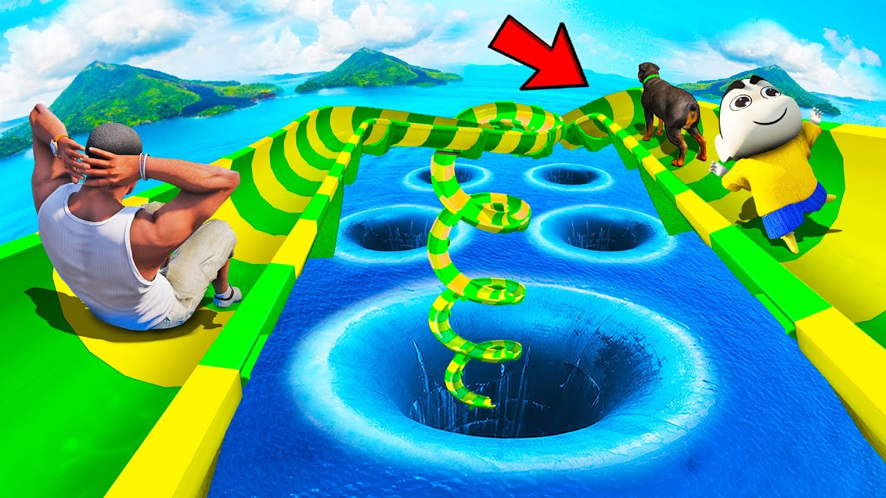 SHINCHAN AND FRANKLIN WENT TO WATER MELA WITH MASSIVE HOLES FOR WATER SLIDE CHALLENGE GTA 5