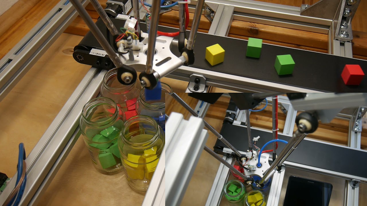 Sorting moving parts on a conveyor with an industrial delta robot.