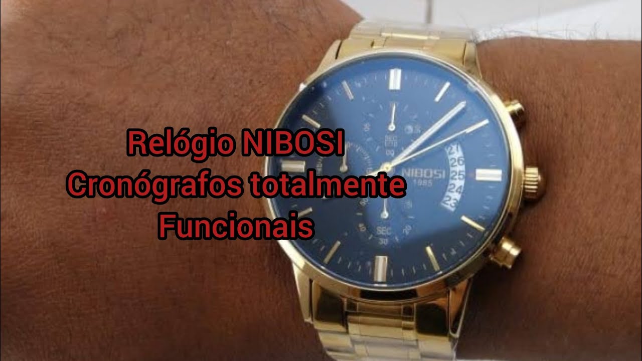 relógio NIBOSI detalhes do cronógrafo totalmente funcional