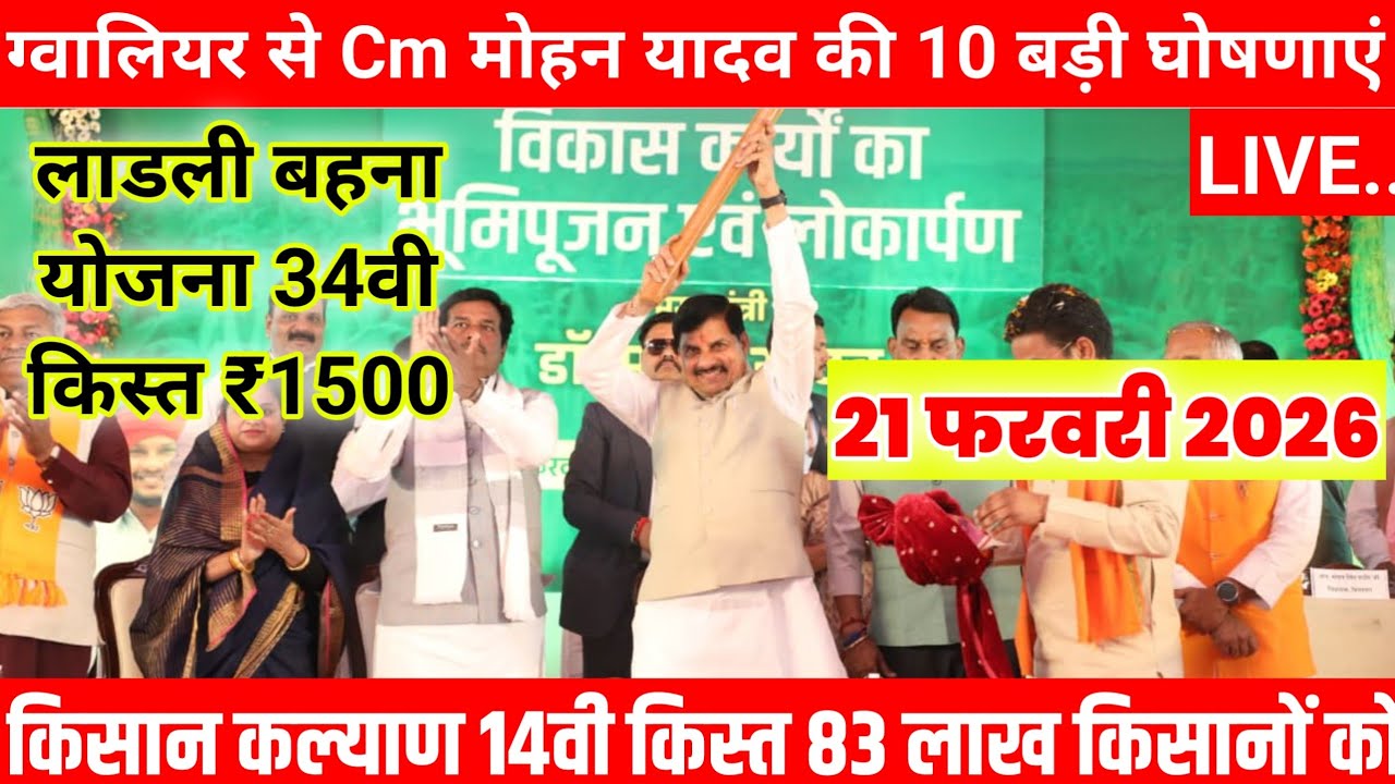 ग्वालियर से कम मोहन यादव की 10 बड़ी घोषणाएं/किसान कल्याण 14वी किस्त/किसानों को ₹2000/लाडली बहना/