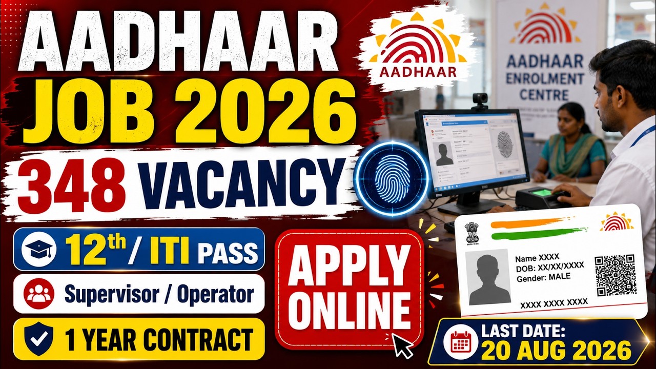Aadhaar Supervisor Recruitment 2026 | 348 Vacancy | 12th/ITI Pass | CSC Aadhaar Operator Job