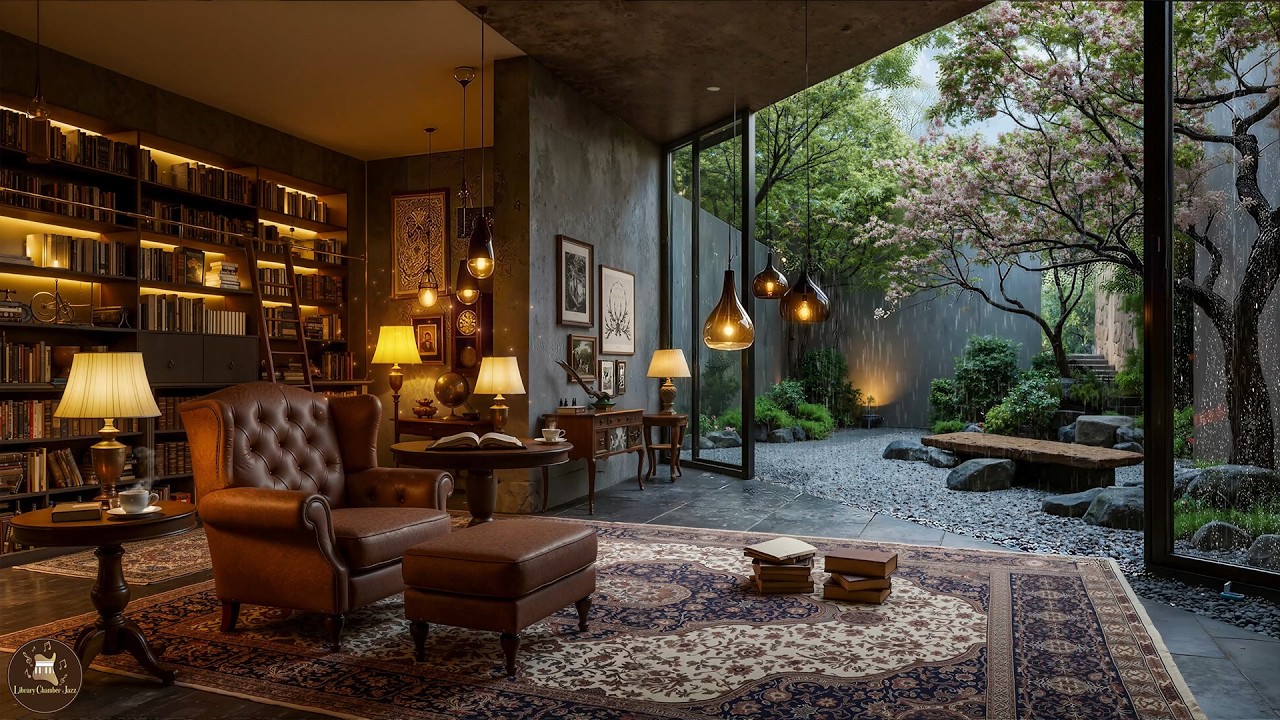 Soft Jazz in a Cozy Wooden Library – Relaxing Jazz with Rain Garden Ambience for Deep Focus