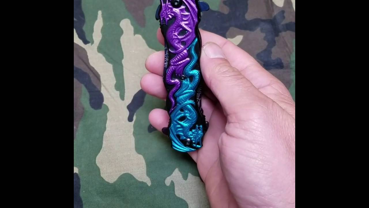 DARK SIDE FOLDING KNIFE FANTASY A/O DRAGON DOUBLE BLADE BLUE PURPLE - A045PB