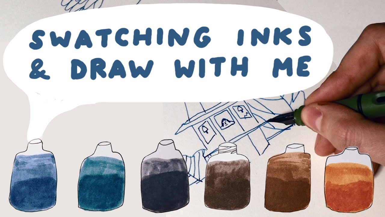 SWATCHING FOUNTAIN PEN INKS - Diamine, Rohrer & Klinger AND cozy DRAWING WITH LAMY AND KAWECO PENS.