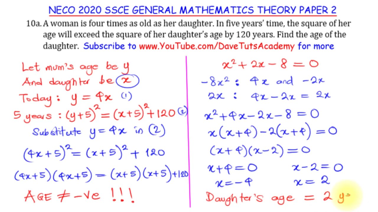 Quadratic Equation Word Problem - 2020 NECO Past Question