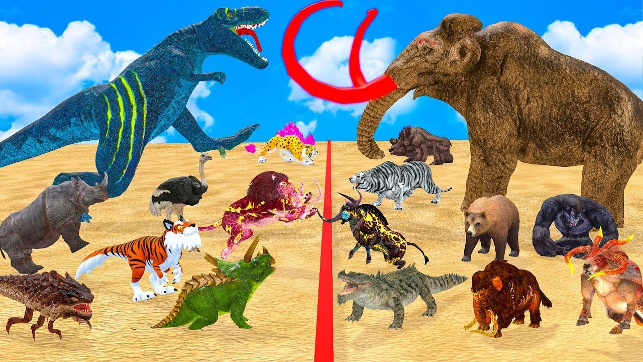 The Ultimate Battle 40 Wild Animals Mammals vs GIGA T-REX Dinosau Epic Run Zigzag Down Course