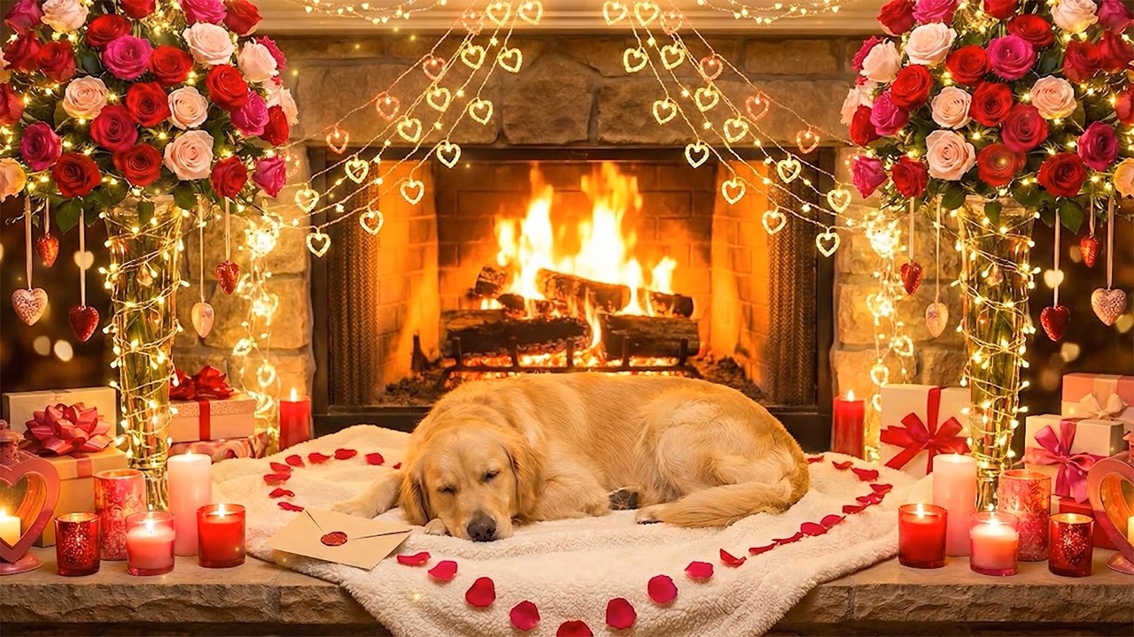 Warm Valentine Fireplace Dog Lullaby 🔥🐶💖 | Calm Restless Dogs, Ease Loneliness & Sleep All Night