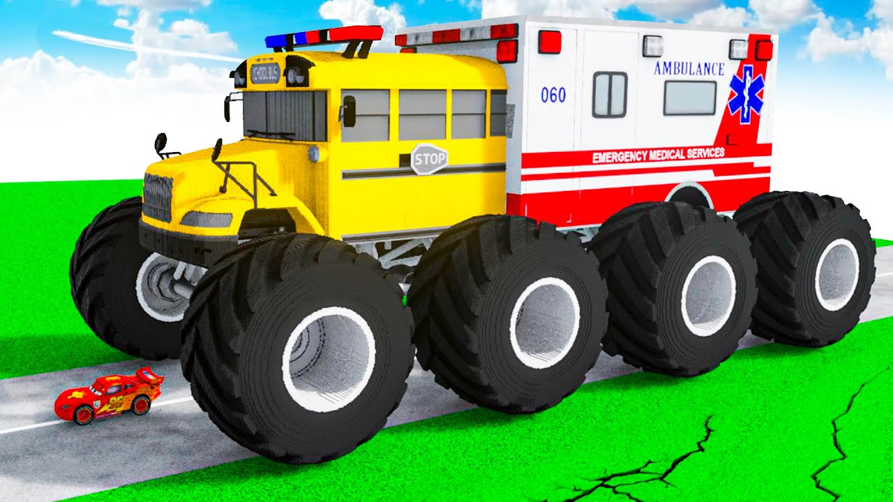 McQueen Transforming to GIANT Ambulance School BUS BTR BIGFOOT in Teardown!