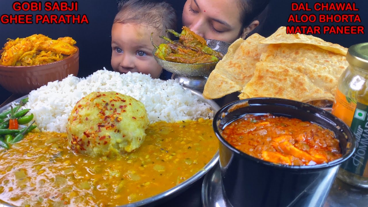 Eating Spicy🔥 Ghiya Daal, Ajwain Rice, Matar Paneer, Ghee Paratha, Cabbage Fry | Indian Food ASMR