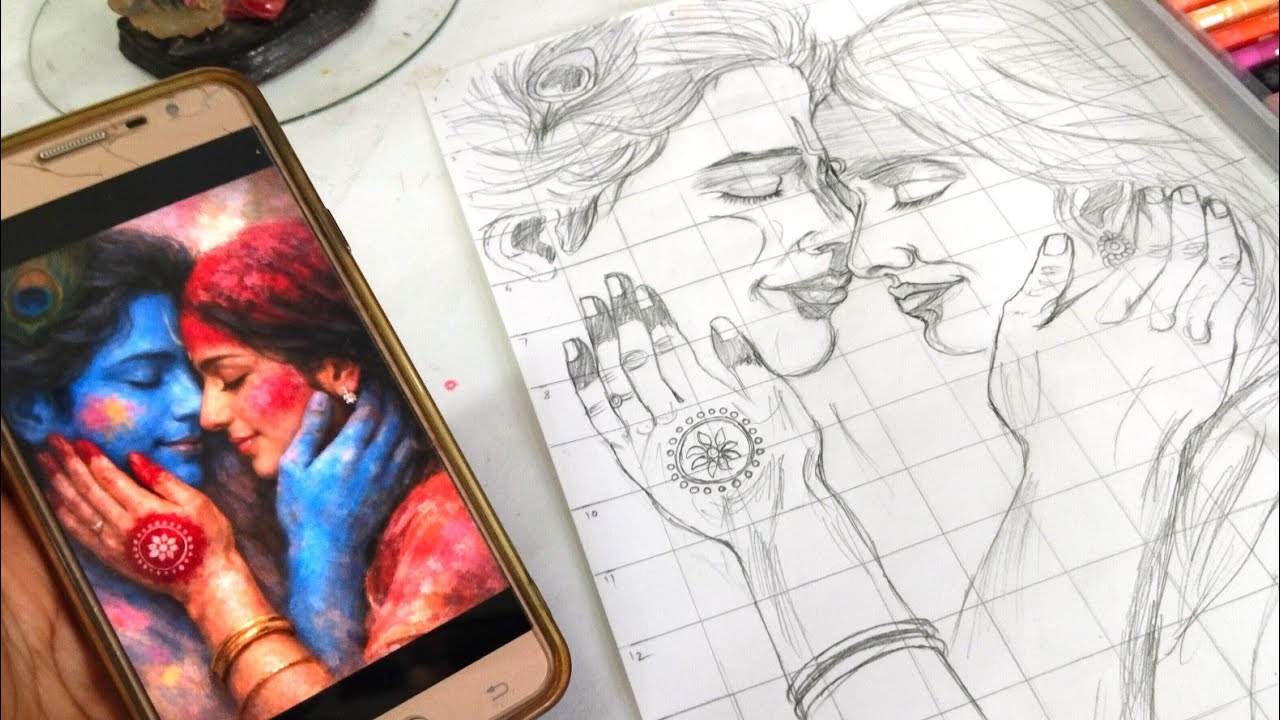 Radha Krishna Holi Drawing, How To Draw Radhakrishna Playing Holi,Grid Method Outline Tutorial
