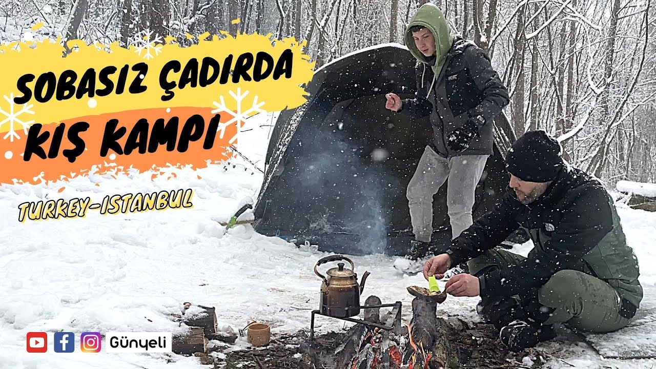 Sobasız çadırda kış kampı, palam palam kar yağıyor (Bushcraft,Landscape)
