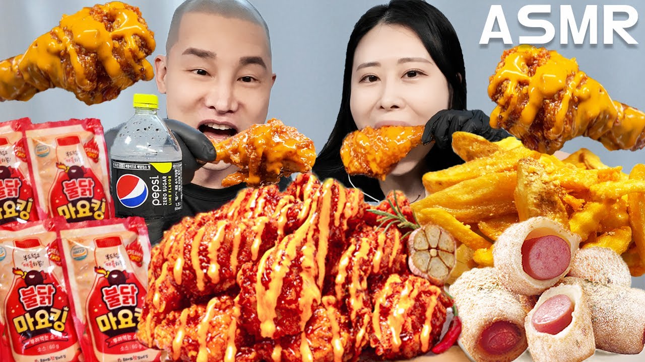ASMR 첫도전!! 후참잘 신메뉴 맵달킹에 불닭마요킹 소스 듬뿍🔥🍭 +댓글이벤트 | Korean Fire spicy chicken Eatingshow MUKBANG ASMR