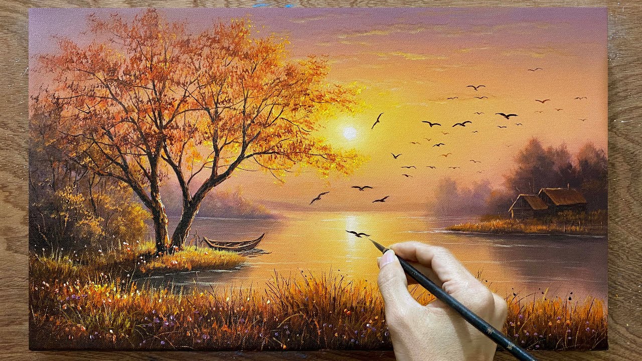 Draw a simple flock of flying birds - Sunset landscape / Acrylic landscape painting / A Lu Art.