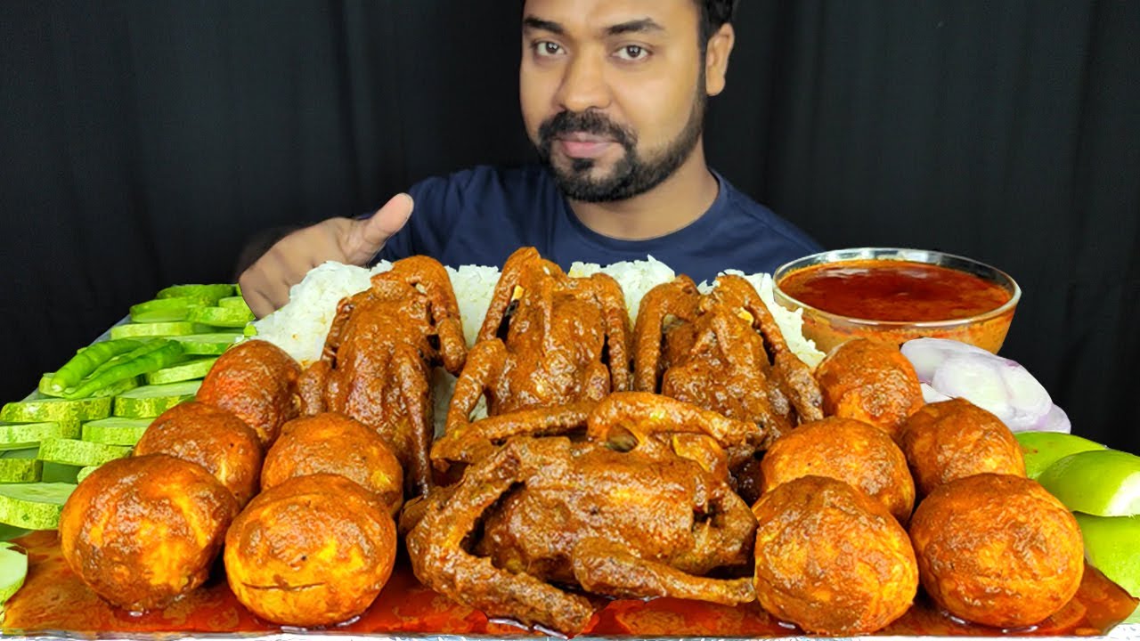 4 PIECE DESI STYLE PIGEON CURRY, GRAVY, EGG CURRY, SALAD, RICE, ASMR MUKBANG EATING SHOW | BIG BITES