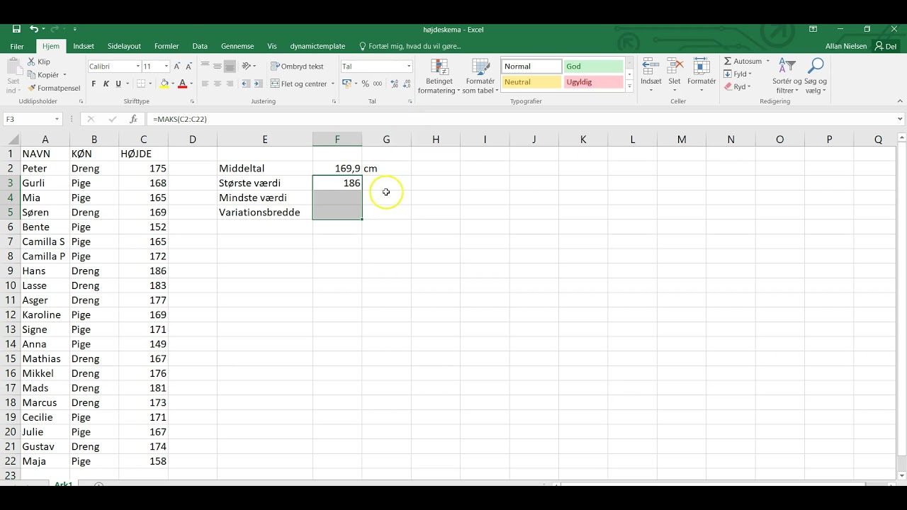 Bjert Excel 8 Statistik st&oslash;rste mindste variationsbredde