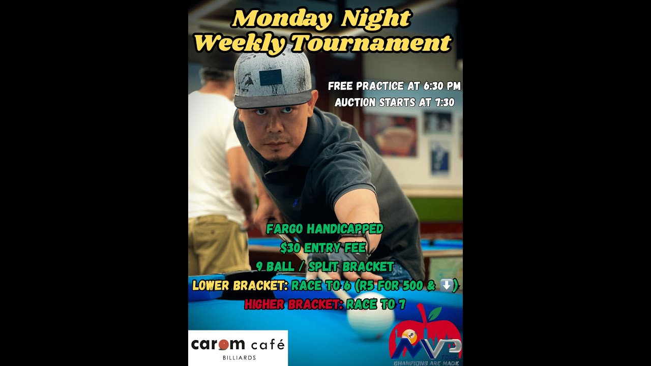 Monday Night Weekly 9-Ball Tournament at Carom Cafe Billiards 3/2/26
