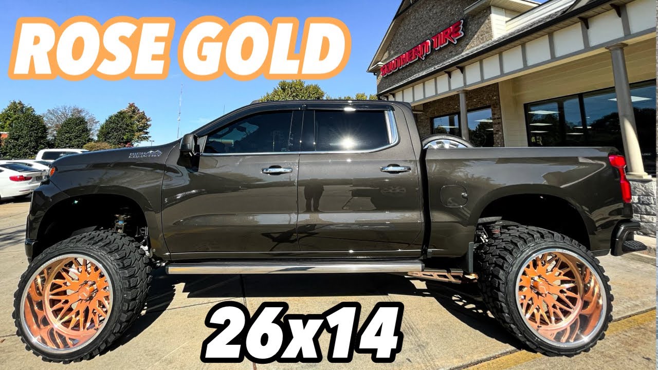 ROSE GOLD 26x14s!! Lifted 2021 Silverado on 26x14s and 9