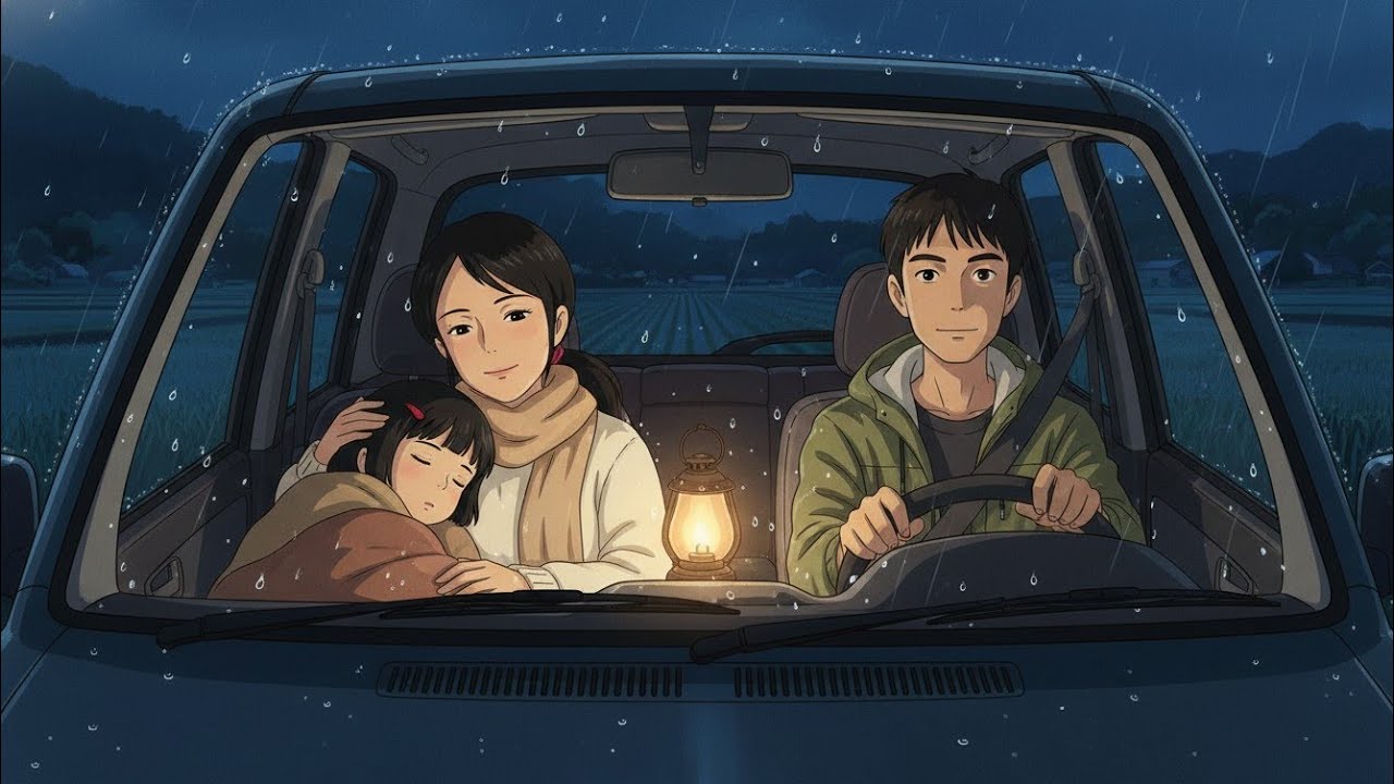 Family Trapped in a Tiny Car During Monsoon Rain 🌧️🍜 | Cozy Ghibli-Style