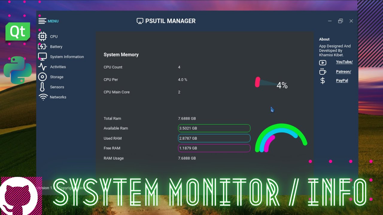 Python Desktop App To Monitor All System Information | PYQT5/6 | PYSIDE2/6 | PSUTIL [Modern GUI/ UI]