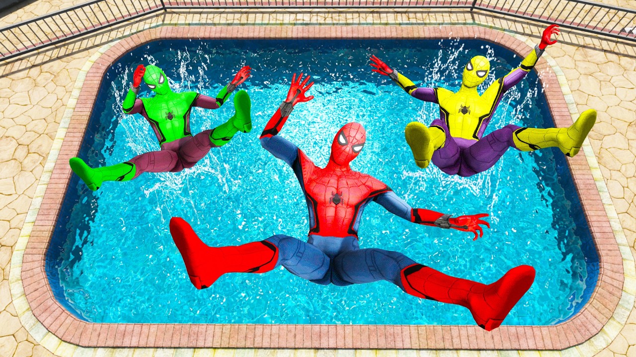 GTA 5 Rainbow  Green Vs Red & Yellow Spiderman Jumping Into Pool (Euphoria Physics/Ragdolls) #1