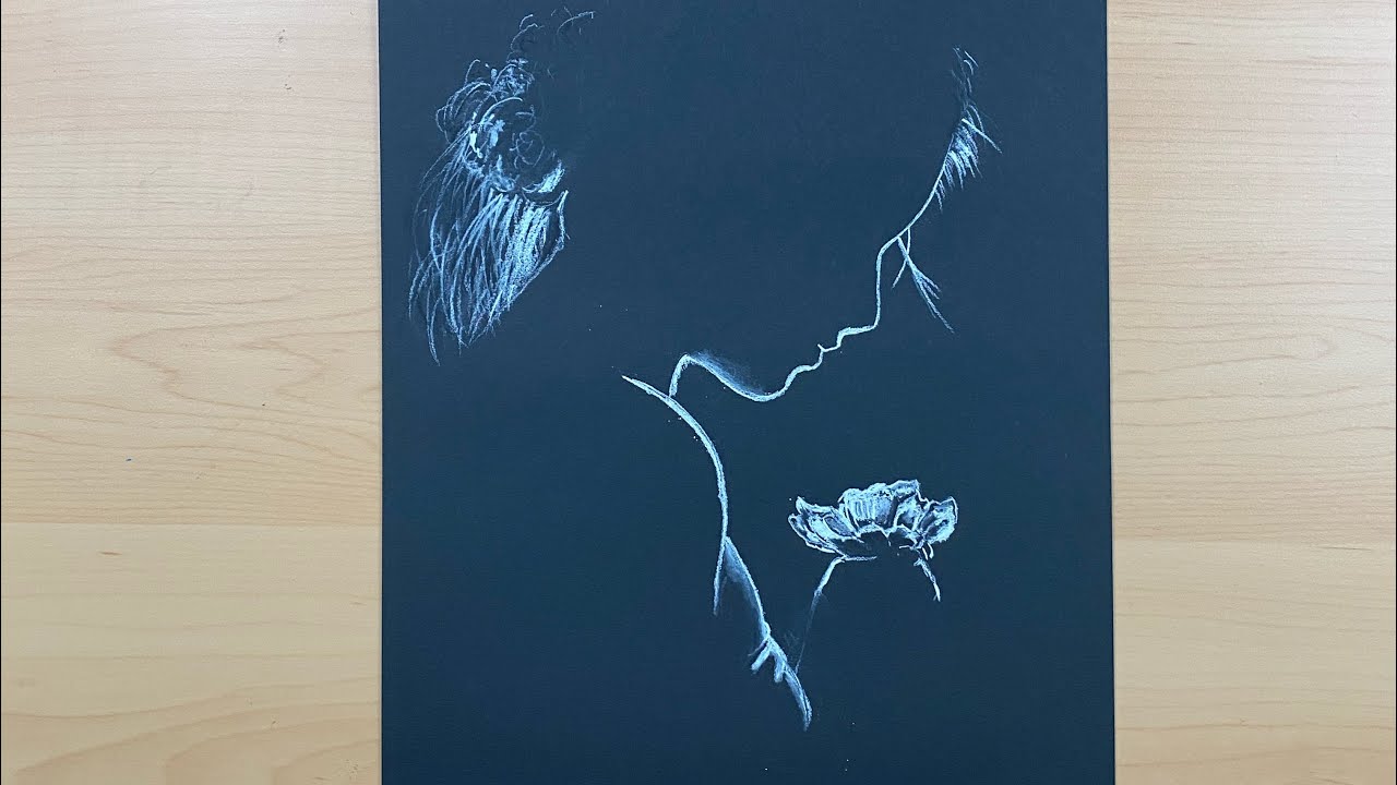 Drawing beautiful girl on black sheet with white pencil.. In 5 minutes.. easy step by step