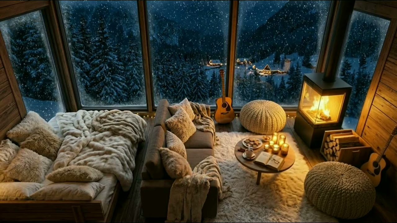 Blizzard Night in Cozy Glass Cabin ❄️ Fireplace & Snow Sounds for Sleep | Winter Cabin Ambience