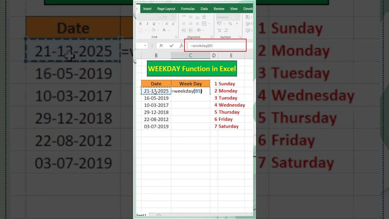 Day 45/100 | WEEKDAY Function in Excel | Excel Function | #shorts #youtubeshorts #excel #function