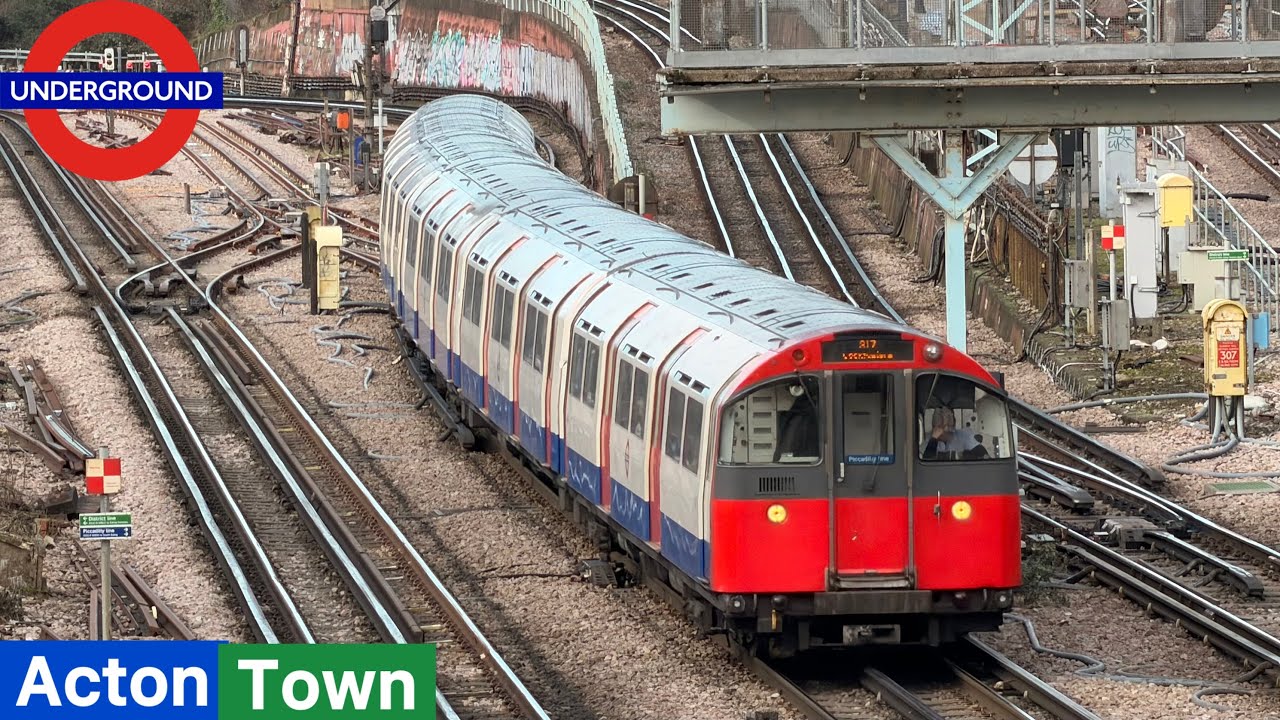 London Underground Piccadilly and District line 1973 & S7 Stock Trains on Acton Town Station  bridge