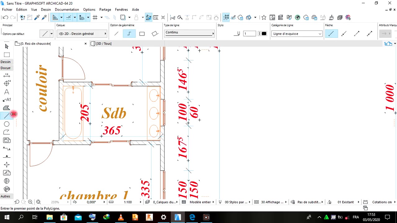 Formation D&eacute;butant Archicad - Exercice Sur l'outil mur et ligne