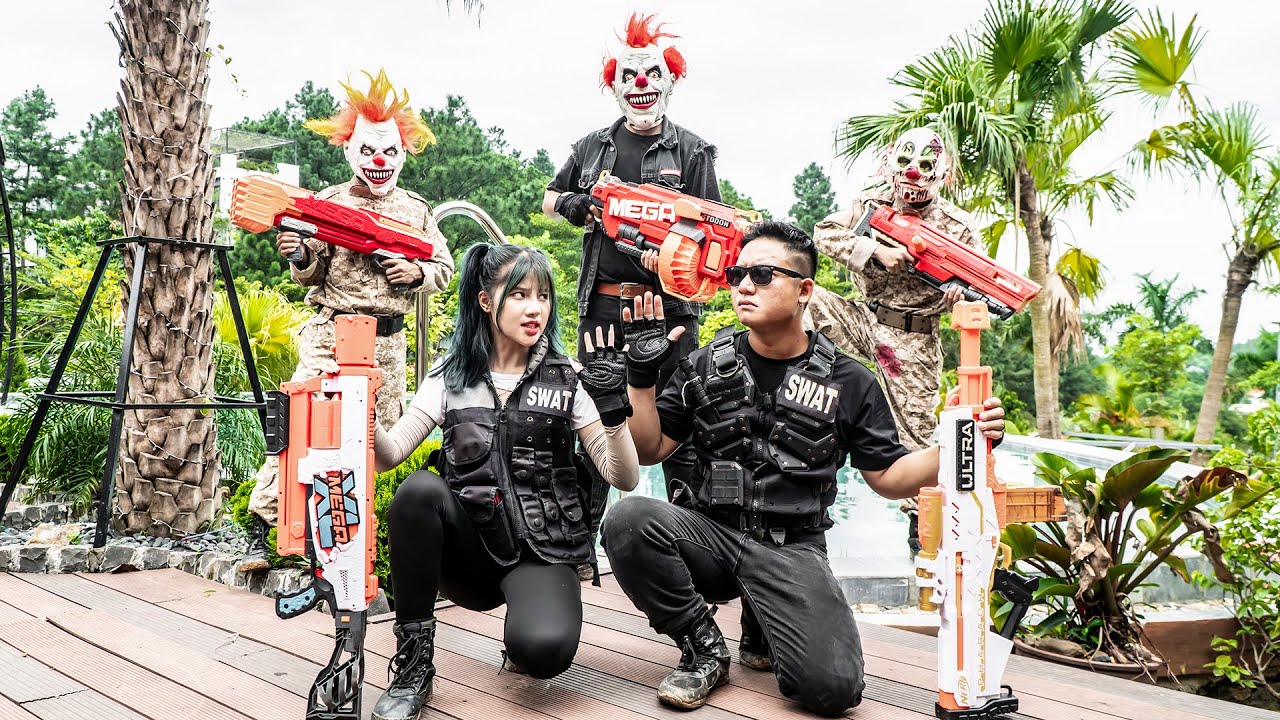 LTT Nerf Mod : SuperMen Warriors Black Use Nerf Guns Fight Red-Haired Masked Criminals Dangerous
