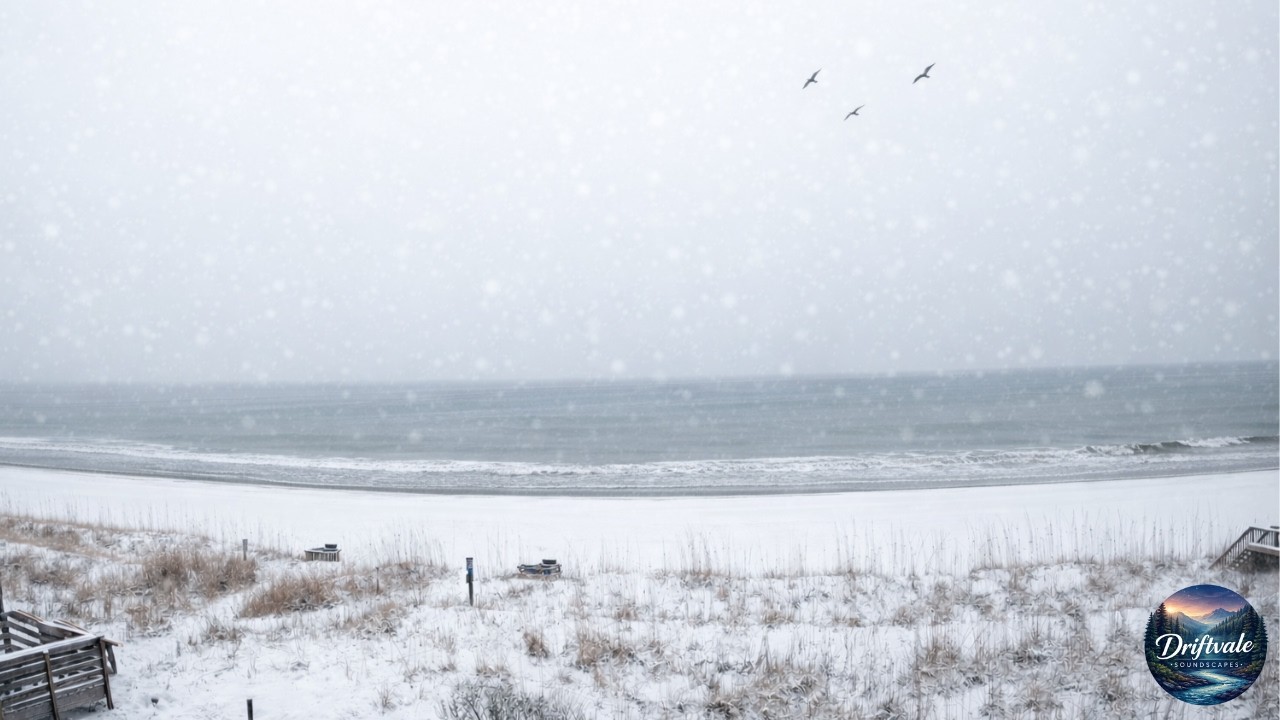 Snow Falling on the Beach | 8 Hour Coastal Soundscape (Snowy Sky Ambience)