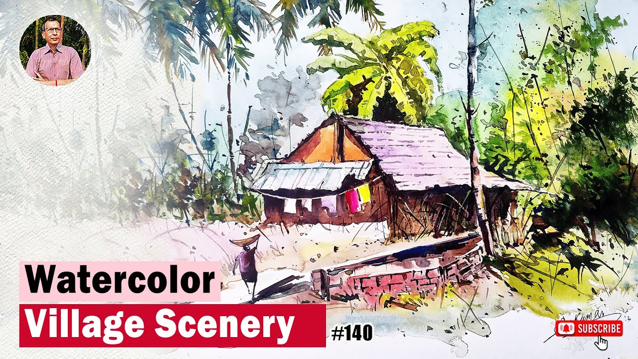 কয়েকটা Stroke-এ এই সুন্দর Landscape | Watercolor Village Scenery Drawing Tutorial