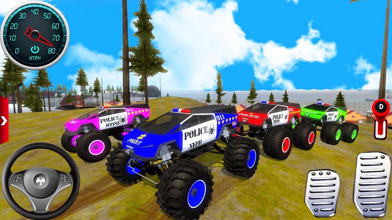 Police 🚔 Mega Monster Cyber Trucks Hills Jumping-Car Driving Convoy Multiplayer Adventure Gameplay.