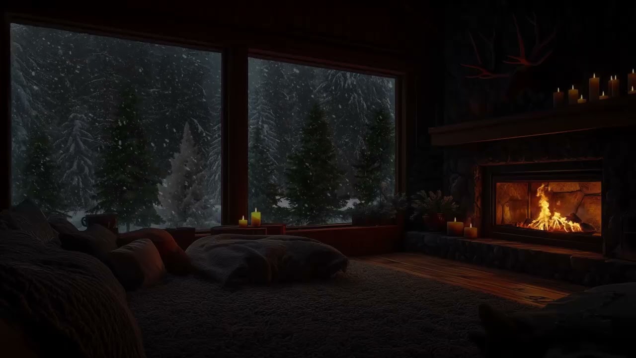 Quiet Snowy Cabin at Night with Warm Crackling Fireplace Sounds for Deep Sleep
