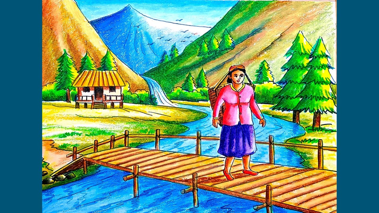 How to draw scenery of hillside step by step/Beautiful hill scenery drawing