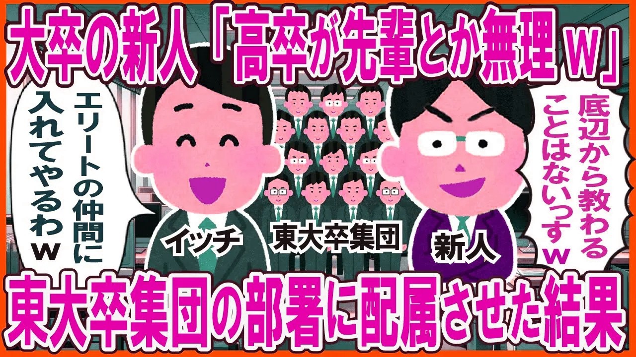 大卒の新人「高卒が先輩とか無理w」→東大卒集団の部署に配属させた結果