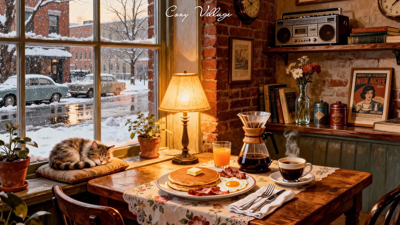 Nostalgic Snowy Morning in a 1940s Coffee Shop | Vintage Jazz Oldies Playing from Another Room
