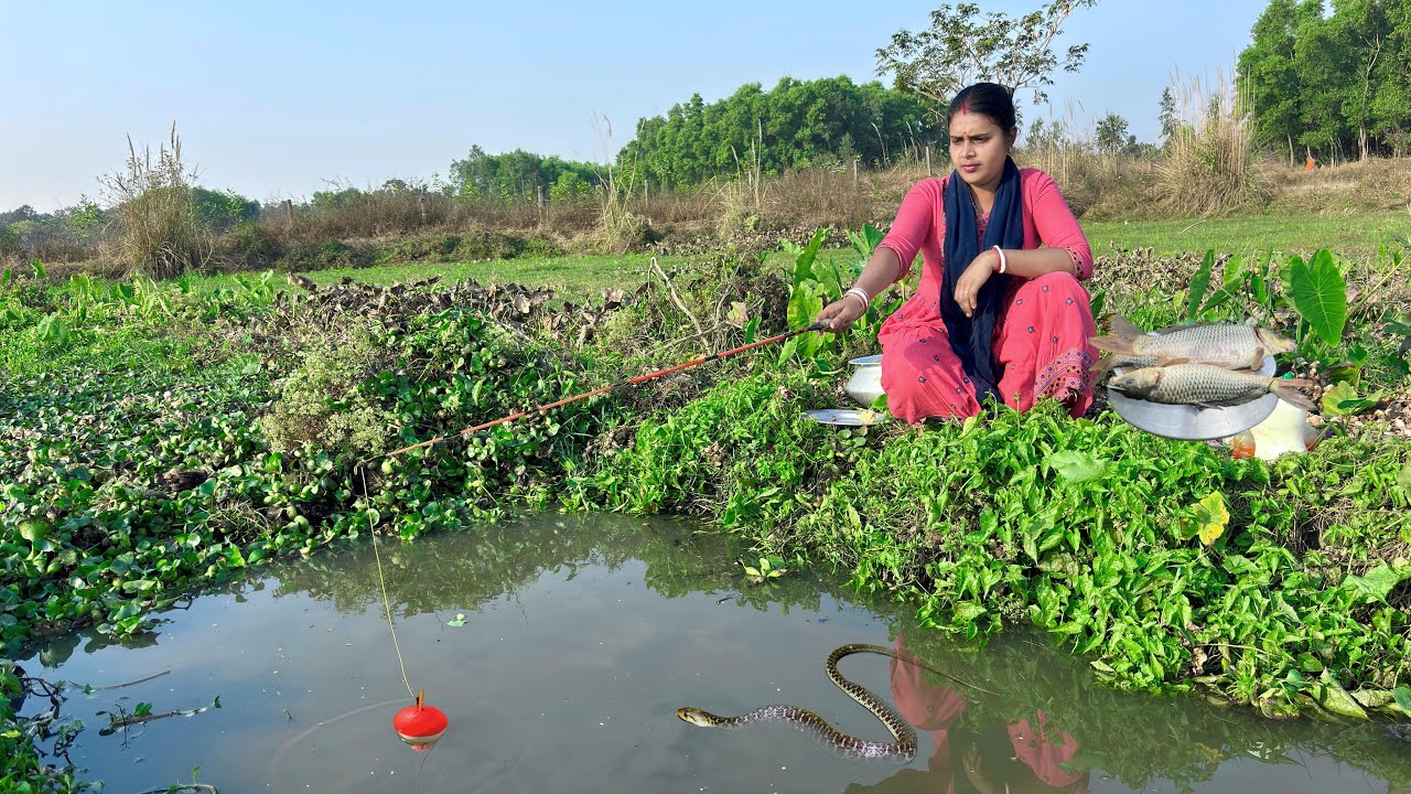 Unique Hook Fishing Video🎣🎣|| Beautiful cute lady fishing in canal with hook| Best pond hook fishing