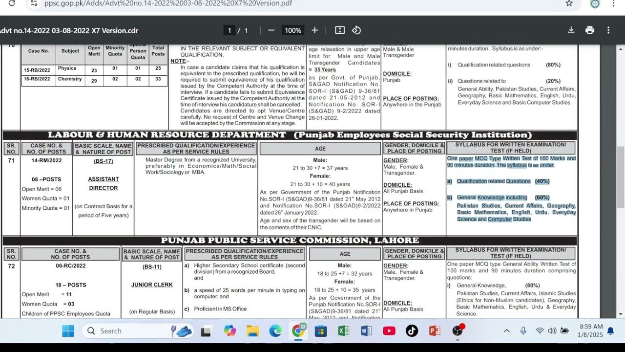 Assistant Director PESSI Criteria, Syllabus, and Education II PPSC Adv # 01/2025 Announced