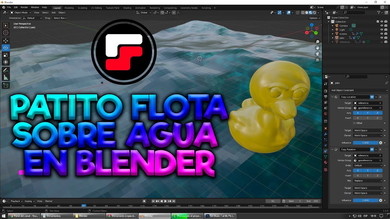 Agua y Objeto que flota sobre agua en Blender.