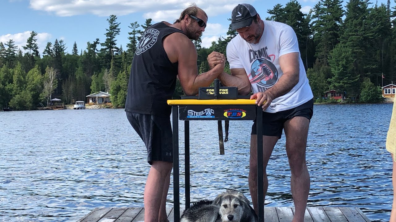Armwrstling on the lake with my good buddy Devon Larratt