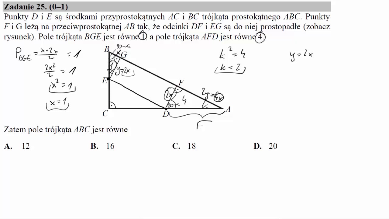 Punkty D i E są środkami przyprostokątnych AC i BC trójkąta prostokątnego ABC  Punkty F i G leżą na