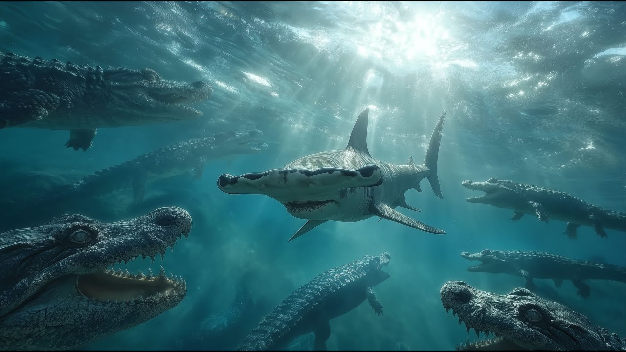 EPIC underwater battle as 5 American alligators ambush a young hammerhead shark! Live Sound