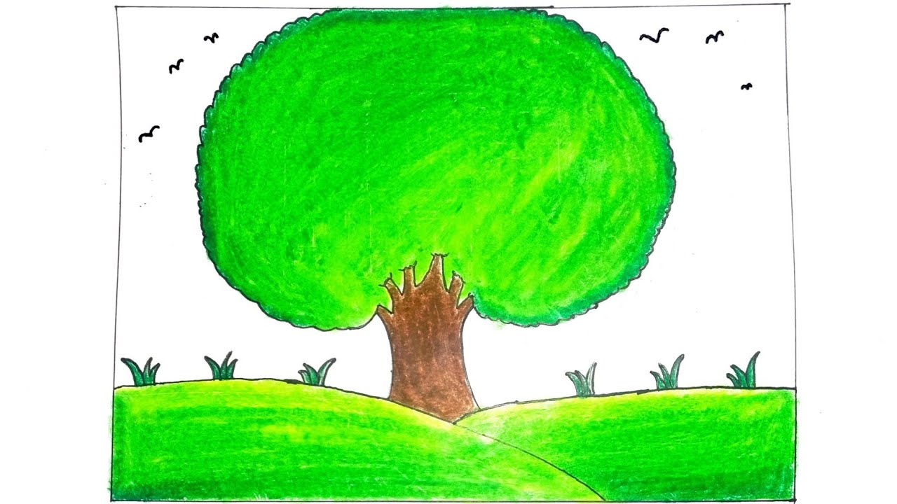 Beautiful Green Tree Drawing🌳| Easy Nature Scenery Drawing for Beginners | Tree Drawing | Banyantree